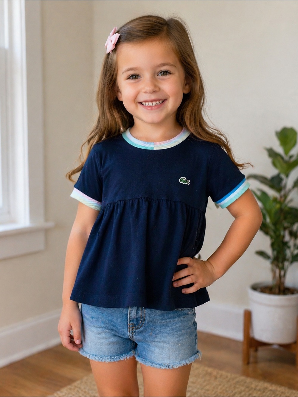Lacoste Girls Striped Accents Flounced Cotton T-shirt Navy Size 5